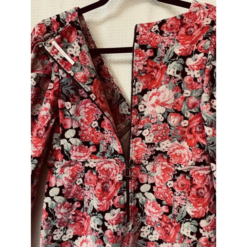 Free People Floral Corduroy Mini Dress Long Sleeve Puff Shoulder Size 8